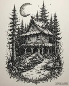 A tattoo design of baba yaga's hut on chicken... - эскиз тату (№1752995456_0, 20.07.2025 07:10) — Tatufoto.com