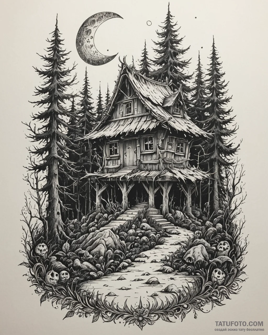 A tattoo design of baba yaga's hut on chicken... - эскиз тату (№1752995456_0, 20.07.2025 07:10) — Tatufoto.com