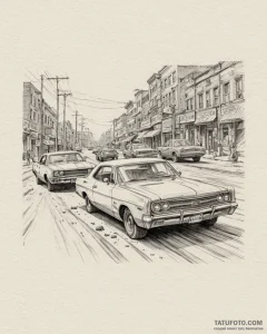 A graphic novel panel of the final car chase... - эскиз тату (№1752996430_0, 20.07.2025 07:27) — Tatufoto.com