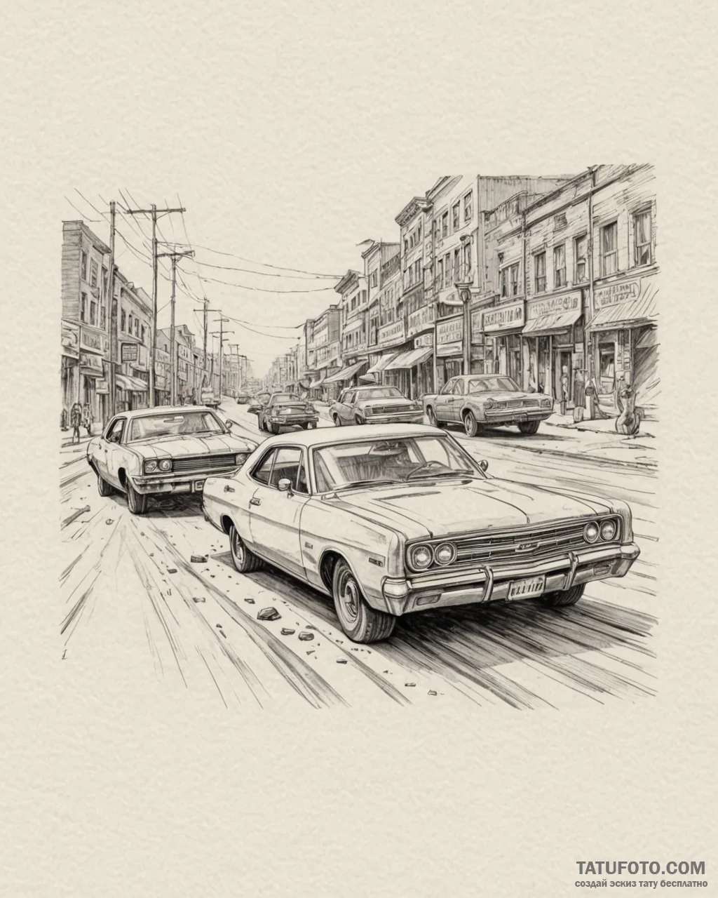 A graphic novel panel of the final car chase... - эскиз тату (№1752996430_0, 20.07.2025 07:27) — Tatufoto.com