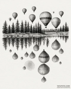 A group of hot air balloons reflected in a ca... - эскиз тату (№1752997105_0, 20.07.2025 07:38) — Tatufoto.com