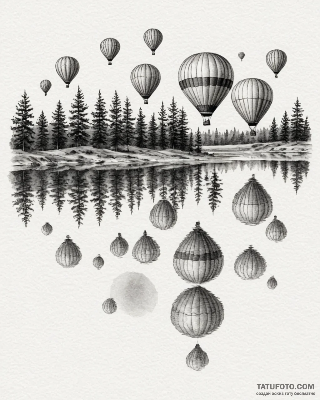 A group of hot air balloons reflected in a ca... - эскиз тату (№1752997105_0, 20.07.2025 07:38) — Tatufoto.com