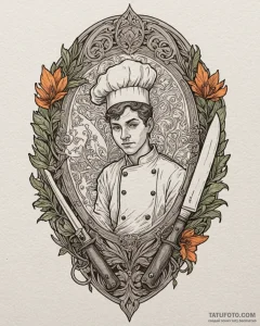 A close-up of a chef's knife, reflecting the... - эскиз тату (№1752998291_0, 20.07.2025 07:58) — Tatufoto.com
