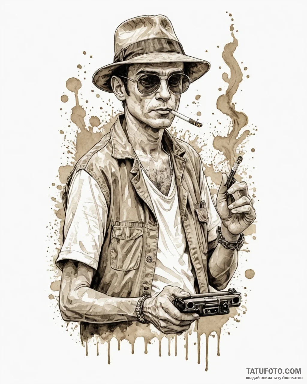 A trash polka portrait of hunter s. thompson... - эскиз тату (№1753001669_0, 20.07.2025 08:54) — Tatufoto.com