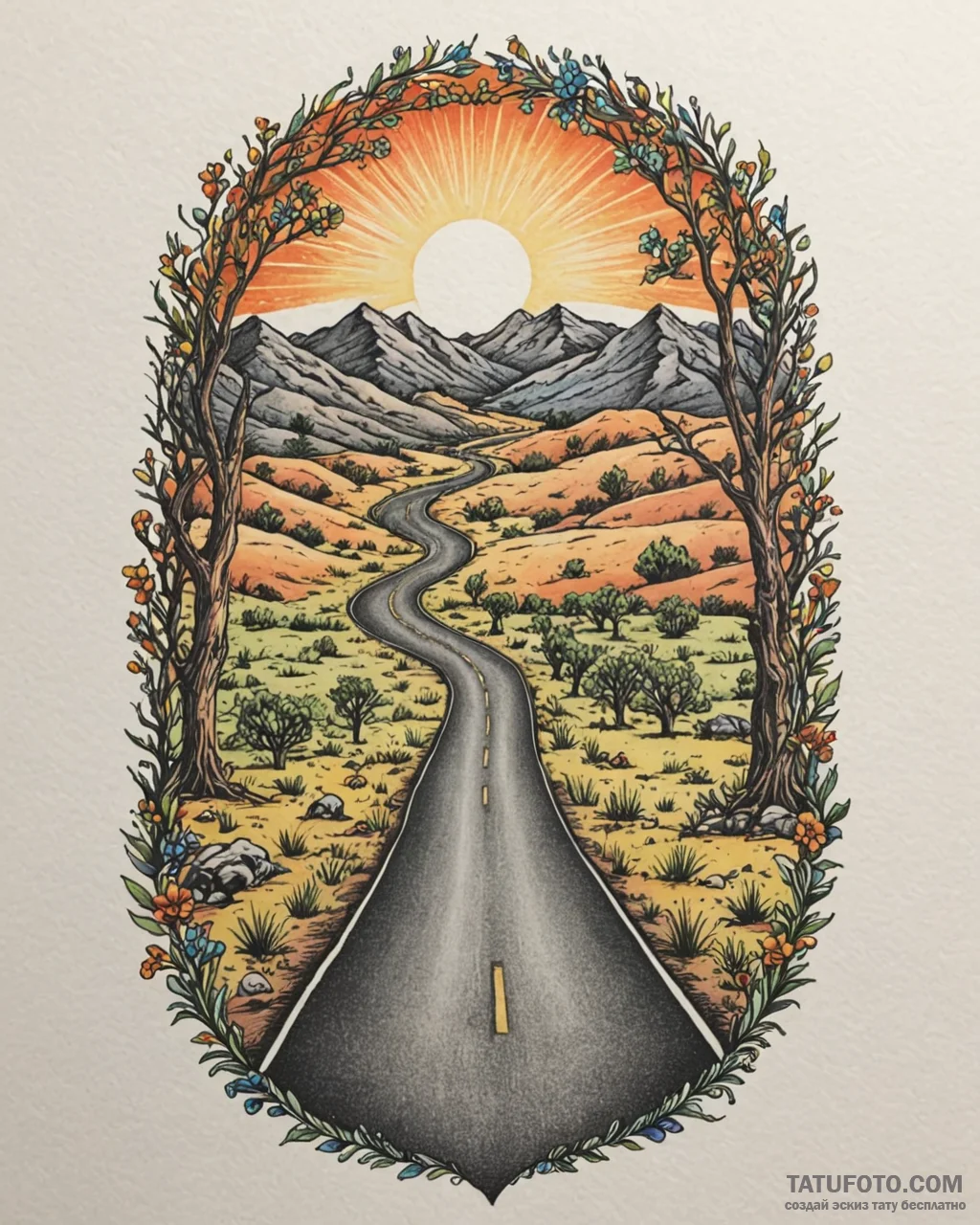 A shot of a long, straight, empty road in the... - эскиз тату (№1753002176_0, 20.07.2025 09:02) — Tatufoto.com