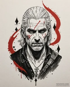 A trash polka tattoo of geralt of rivia, his... - эскиз тату (№1753002767_0, 20.07.2025 09:12) — Tatufoto.com