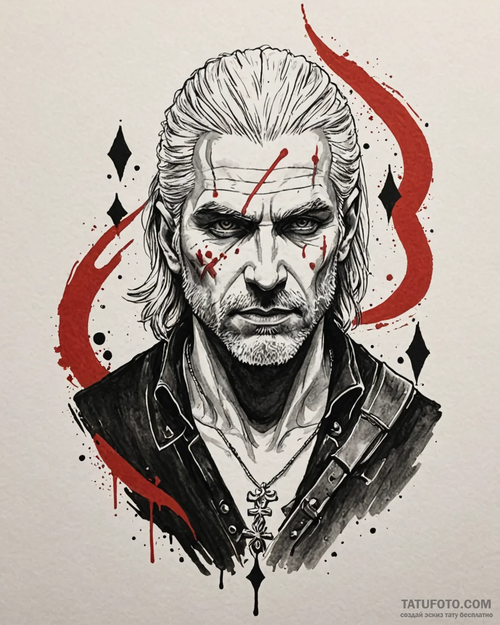 A trash polka tattoo of geralt of rivia, his... - эскиз тату (№1753002767_0, 20.07.2025 09:12) — Tatufoto.com