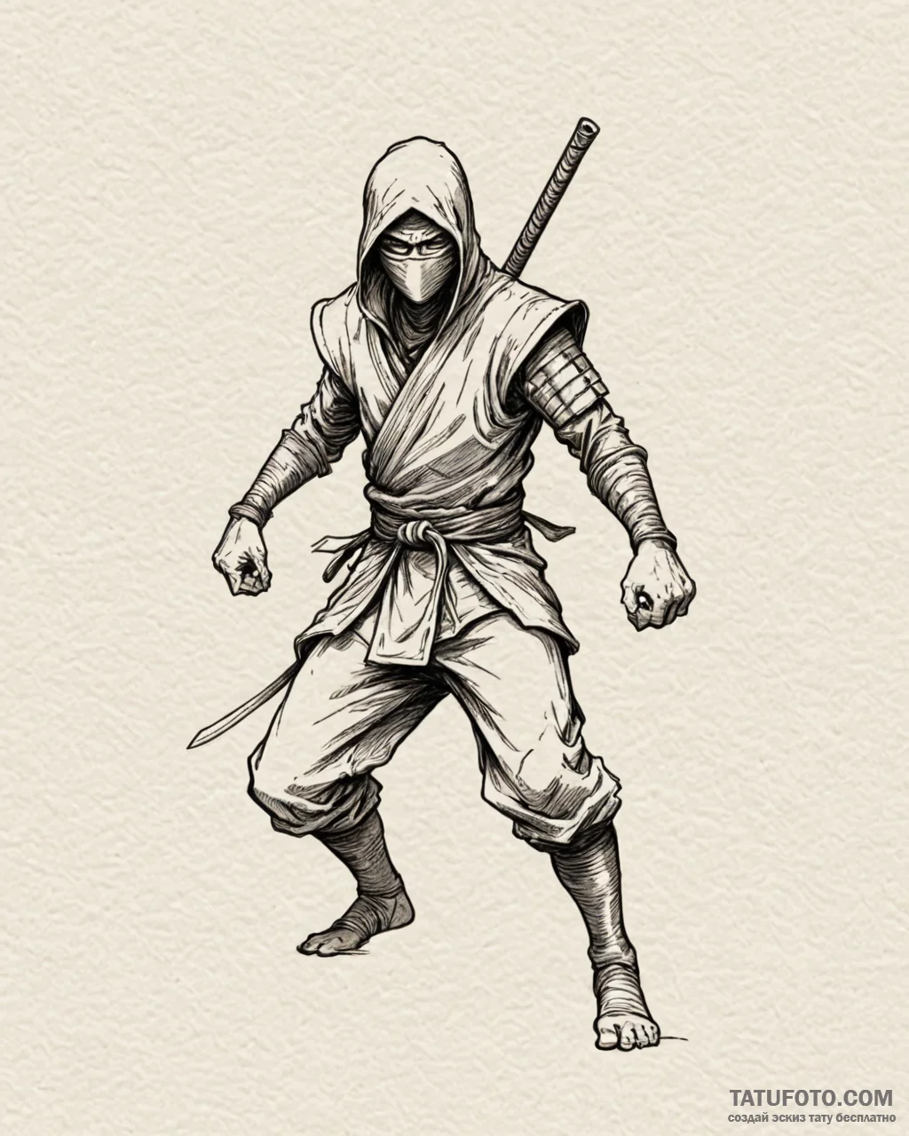 Ninja, tattoo line art, sepia tone sketch, vi... - эскиз тату (№1753002937_0, 20.07.2025 09:15) — Tatufoto.com