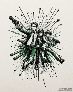 Trash polka sketch of neo stopping bullets, w... - эскиз тату (№1753003359_0, 20.07.2025 09:22) — Tatufoto.com
