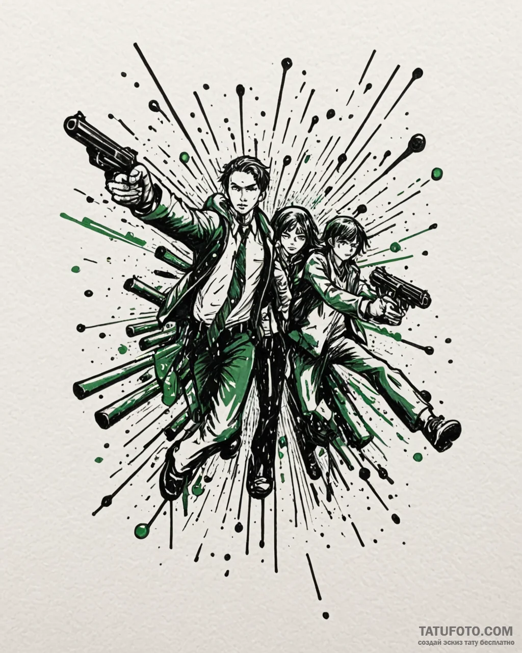 Trash polka sketch of neo stopping bullets, w... - эскиз тату (№1753003359_0, 20.07.2025 09:22) — Tatufoto.com