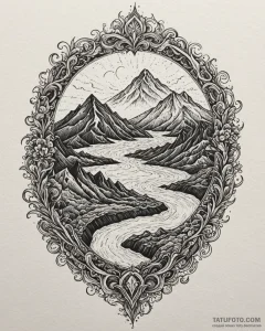 Tattoo sketch a volcanic landscape with glowi... - эскиз тату (№1753003613_0, 20.07.2025 09:26) — Tatufoto.com