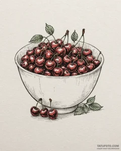 A bowl of ripe, red cherries., ink illustrati... - эскиз тату (№1753009581_0, 20.07.2025 11:06) — Tatufoto.com