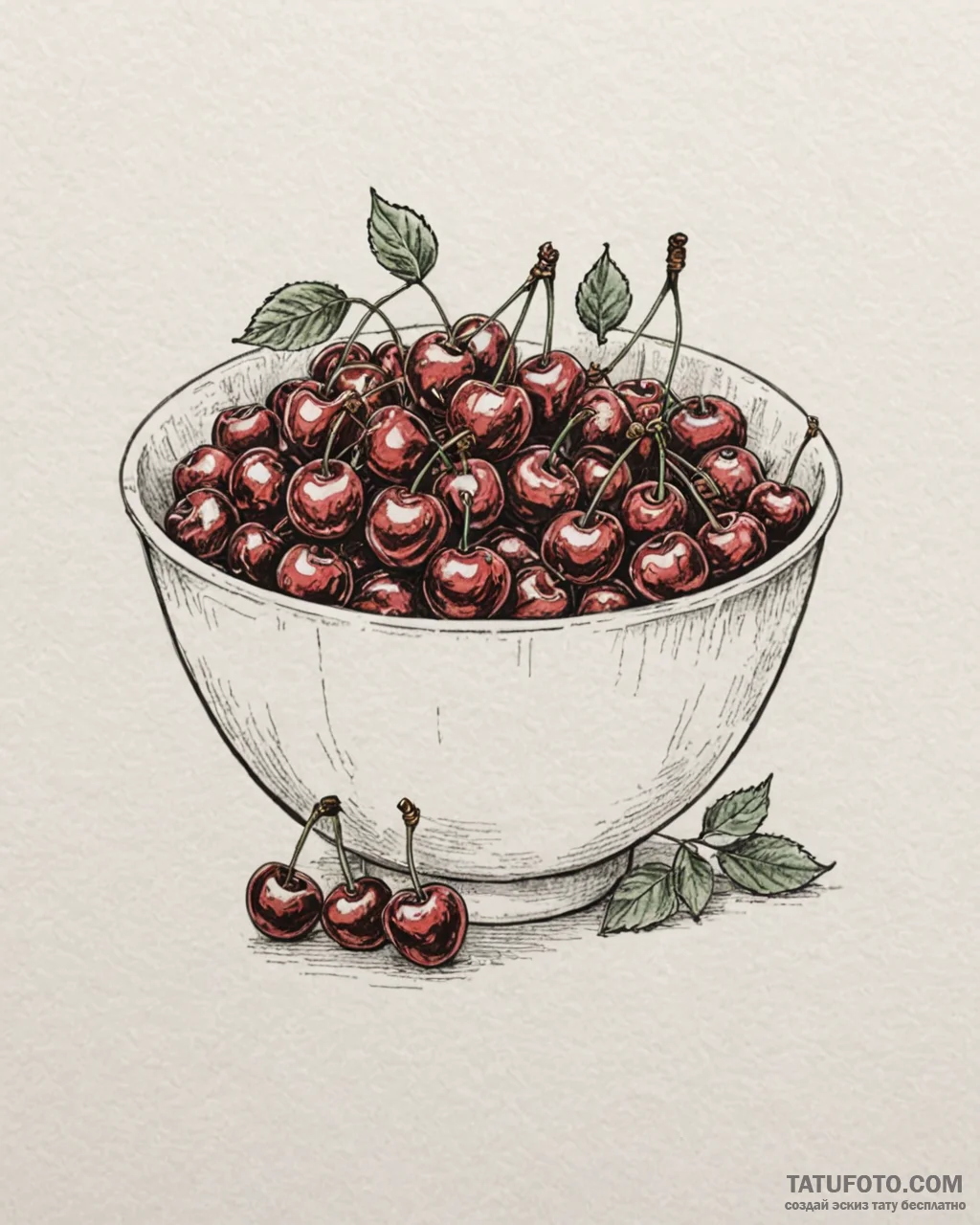 A bowl of ripe, red cherries., ink illustrati… — эскиз тату (№1753009581_0, 20.07.2025 11:06) — Tatufoto.com