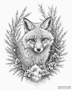A red fox cautiously peeking out from behind... - эскиз тату (№1753010933_0, 20.07.2025 11:28) — Tatufoto.com