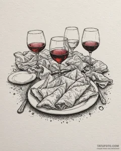 The aftermath of a dinner party, with messy p... - эскиз тату (№1753012708_0, 20.07.2025 11:58) — Tatufoto.com
