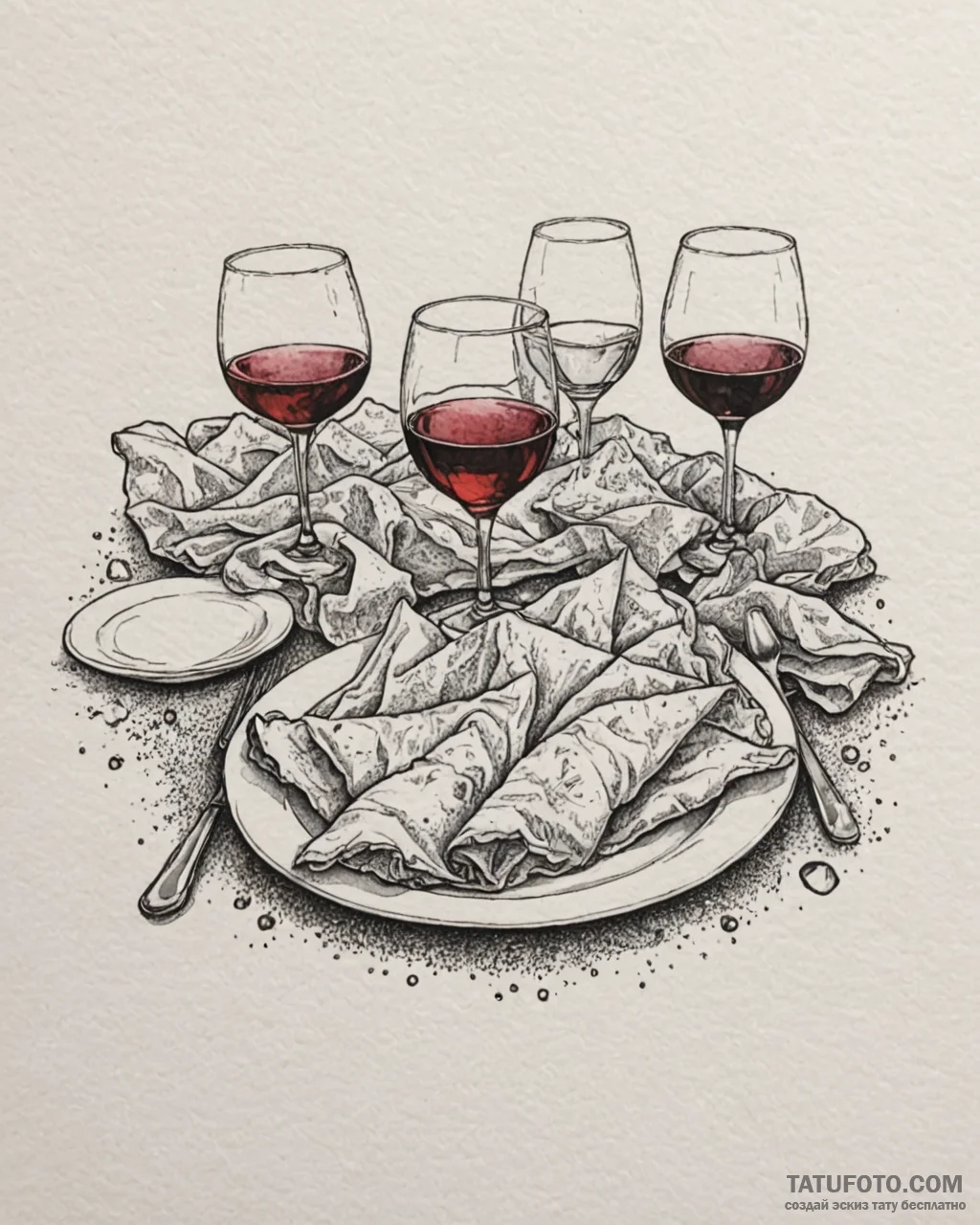 The aftermath of a dinner party, with messy p… — эскиз тату (№1753012708_0, 20.07.2025 11:58) — Tatufoto.com