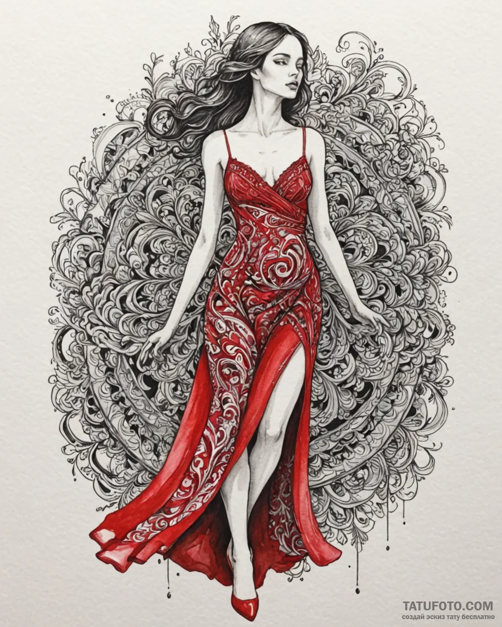Watercolor sketch of the «woman in the red dr… — эскиз тату (№1753012961_0, 20.07.2025 12:02) — Tatufoto.com