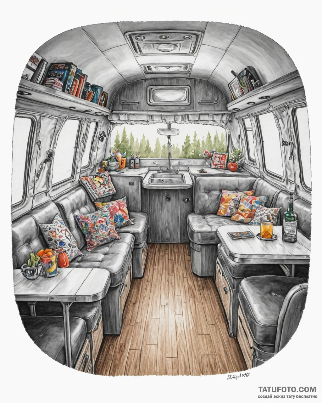 The interior of a classic airstream trailer,… — эскиз тату (№1753013131_0, 20.07.2025 12:05) — Tatufoto.com