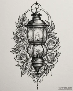 Tattoo sketch a stylized lantern illuminating... - эскиз тату (№1753014398_0, 20.07.2025 12:26) — Tatufoto.com