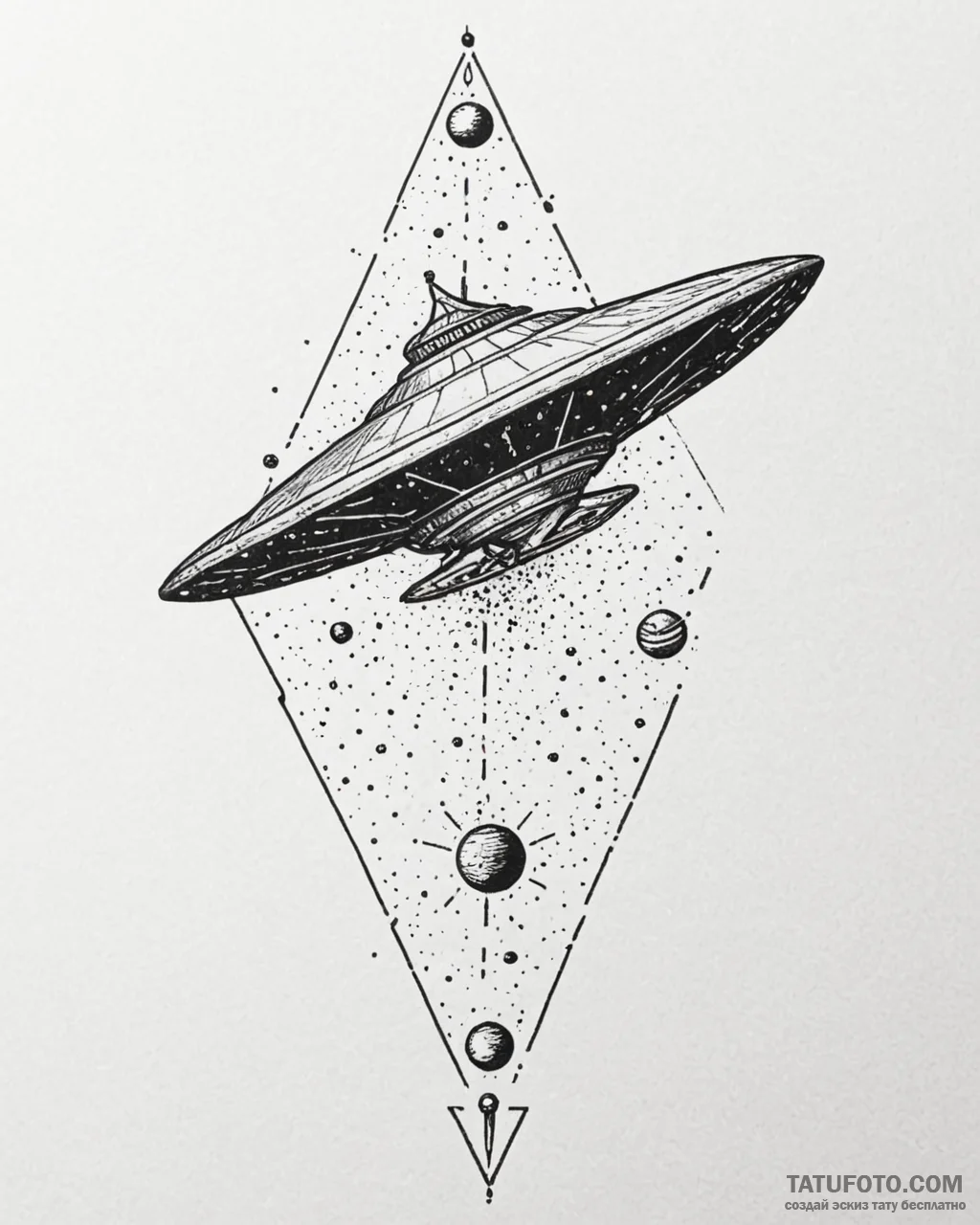 Tattoo sketch a stylized spaceship hovering o… — эскиз тату (№1753017663_0, 20.07.2025 13:21) — Tatufoto.com