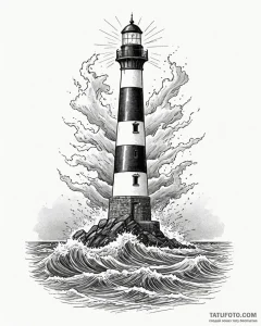 A solitary lighthouse being battered by storm... - эскиз тату (№1753017746_0, 20.07.2025 13:22) — Tatufoto.com