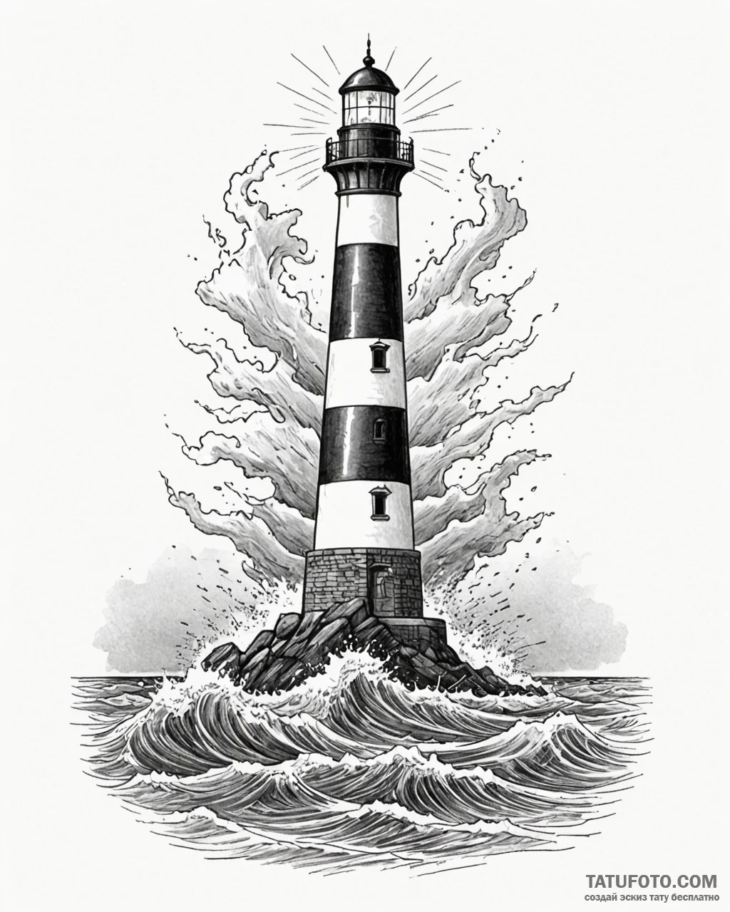 A solitary lighthouse being battered by storm… — эскиз тату (№1753017746_0, 20.07.2025 13:22) — Tatufoto.com