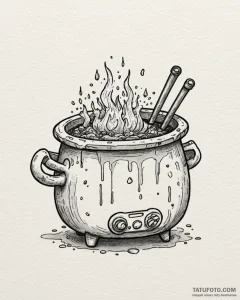 Tattoo sketch a bubbling cauldron with game c... - эскиз тату (№1753018162_0, 20.07.2025 13:29) — Tatufoto.com