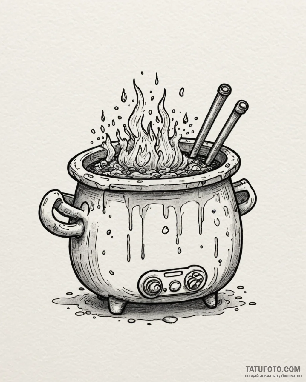 Tattoo sketch a bubbling cauldron with game c... - эскиз тату (№1753018162_0, 20.07.2025 13:29) — Tatufoto.com