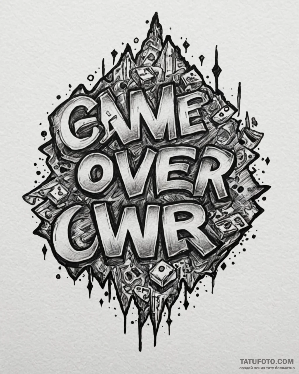 Tattoo sketch a "game over" message made of f... - эскиз тату (№1753018409_0, 20.07.2025 13:33) — Tatufoto.com