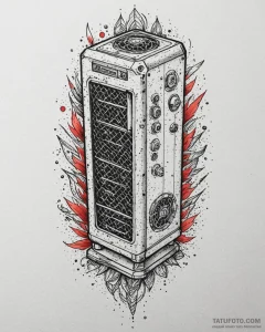 Tattoo sketch a gaming pc tower with glowing... - эскиз тату (№1753020552_0, 20.07.2025 14:09) — Tatufoto.com