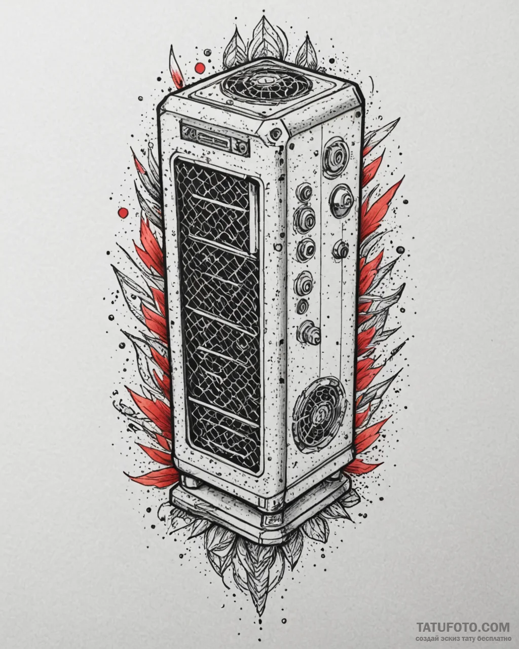 Tattoo sketch a gaming pc tower with glowing... - эскиз тату (№1753020552_0, 20.07.2025 14:09) — Tatufoto.com