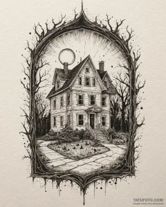 A sketch of the amityville horror house, with... - эскиз тату (№1753024119_0, 20.07.2025 15:08) — Tatufoto.com