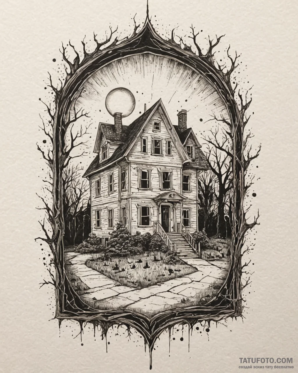 A sketch of the amityville horror house, with… — эскиз тату (№1753024119_0, 20.07.2025 15:08) — Tatufoto.com