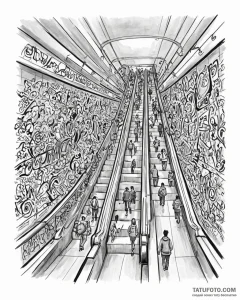 People commuting on the escalators of a moder... - эскиз тату (№1753026021_0, 20.07.2025 15:40) — Tatufoto.com