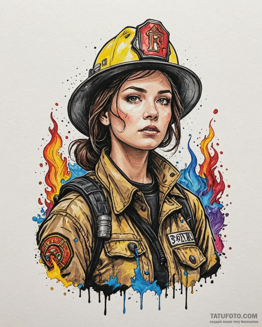 A powerful shot of a female firefighter, soot... - эскиз тату (№1753027423_0, 20.07.2025 16:03) — Tatufoto.com