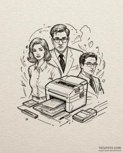 A sketch of the main characters from office s... - эскиз тату (№1753028749_0, 20.07.2025 16:25) — Tatufoto.com