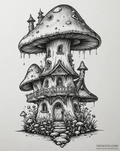 Tattoo design a whimsical mushroom house., ar... - эскиз тату (№1753029745_0, 20.07.2025 16:42) — Tatufoto.com