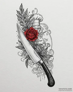 A close-up of a chef's knife, reflecting the... - эскиз тату (№1753030573_0, 20.07.2025 16:56) — Tatufoto.com