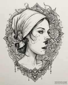 A trash polka composition of a handmaid's fac... - эскиз тату (№1753031646_0, 20.07.2025 17:14) — Tatufoto.com