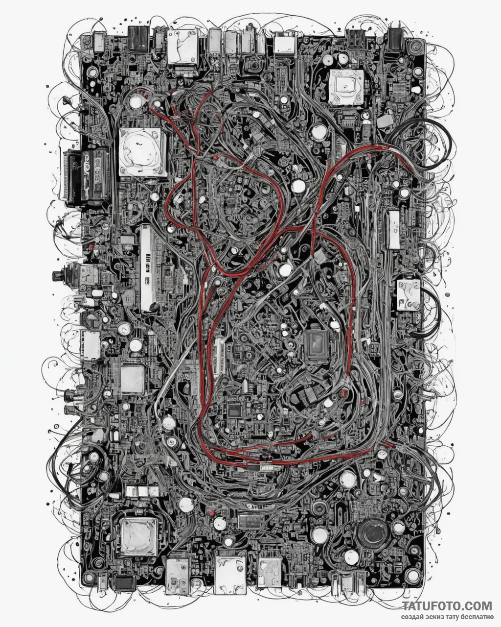 A close-up of a computer motherboard., ink il... - эскиз тату (№1753031811_0, 20.07.2025 17:16) — Tatufoto.com