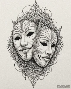 Theater masks, ink illustration for tattoo, o... - эскиз тату (№1753033963_0, 20.07.2025 17:52) — Tatufoto.com