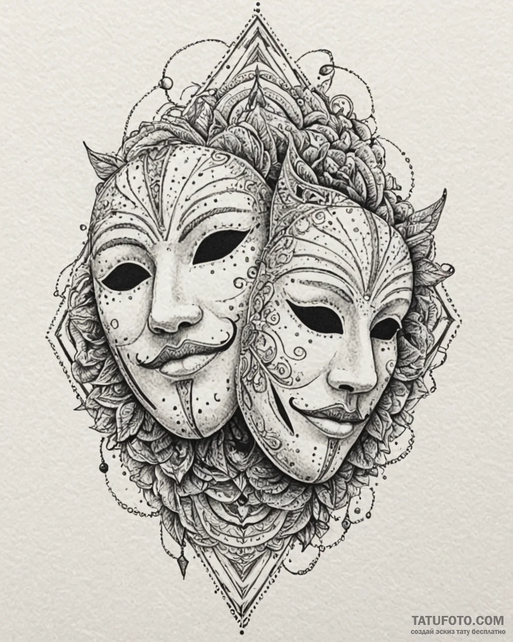 Theater masks, ink illustration for tattoo, o… — эскиз тату (№1753033963_0, 20.07.2025 17:52) — Tatufoto.com