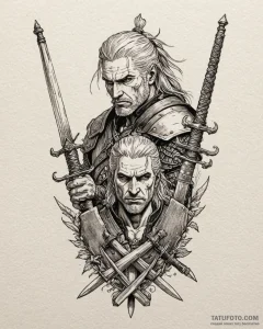 A linework tattoo of geralt's two swords, ste... - эскиз тату (№1753034130_0, 20.07.2025 17:55) — Tatufoto.com