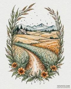 Tattoo design: a landscape of fertile fields... - эскиз тату (№1753034295_0, 20.07.2025 17:58) — Tatufoto.com