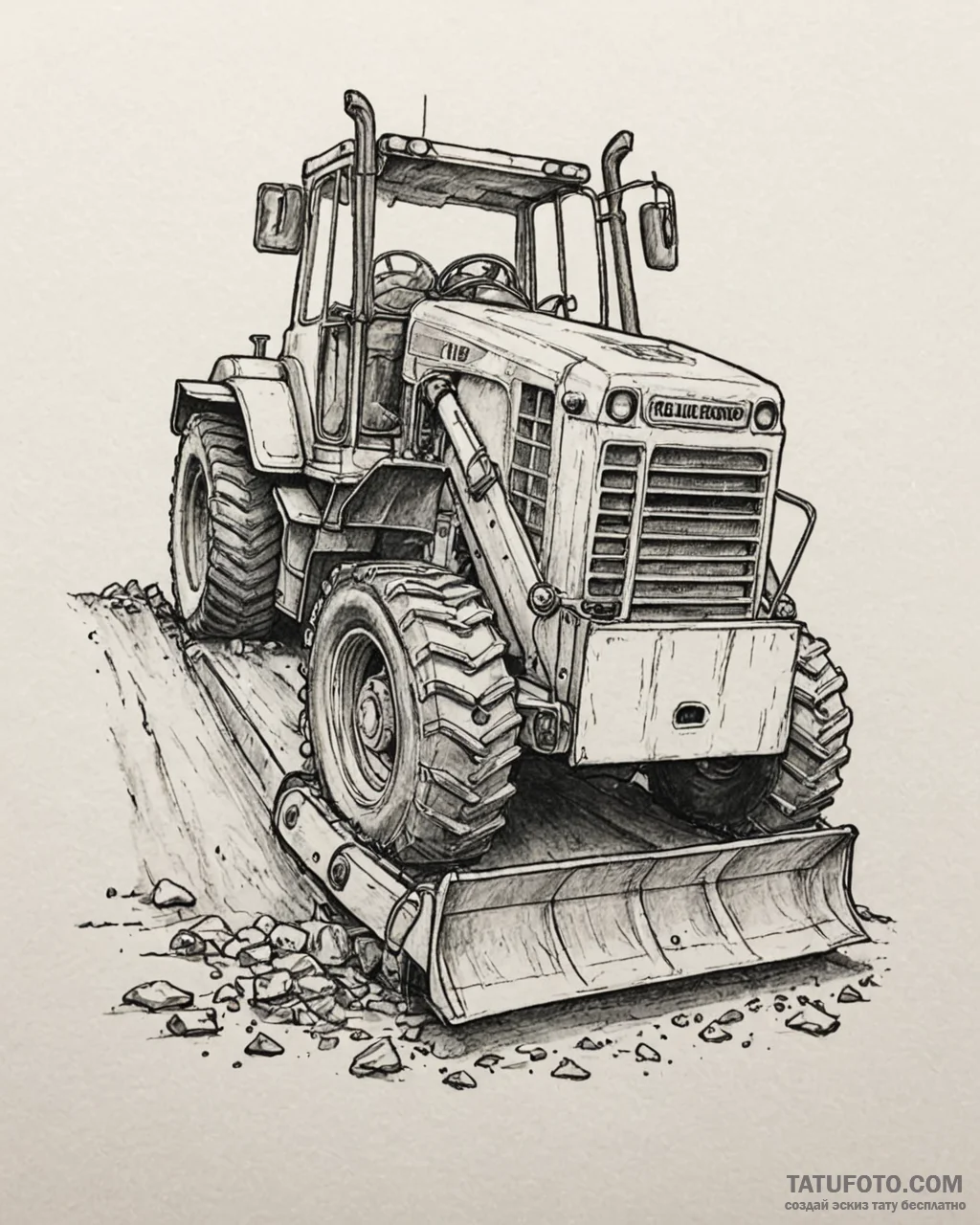 A bulldozer at a construction site., tattoo s… — эскиз тату (№1753036771_0, 20.07.2025 18:39) — Tatufoto.com