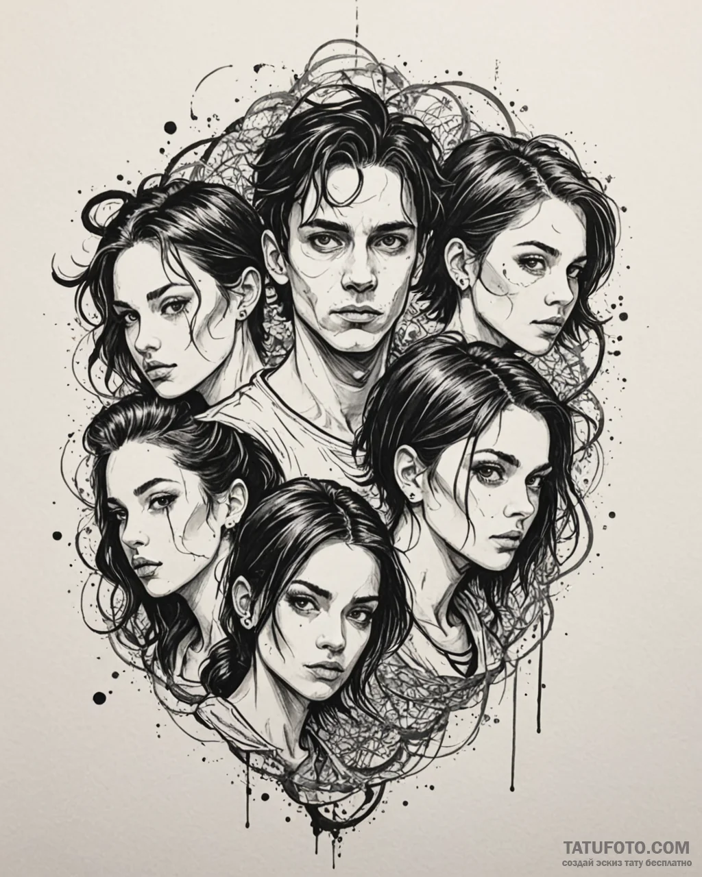 A trash polka portrait of the main characters... - эскиз тату (№1753037100_0, 20.07.2025 18:45) — Tatufoto.com
