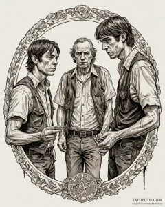 A trash polka tattoo of the coin toss scene f... - эскиз тату (№1753037595_0, 20.07.2025 18:53) — Tatufoto.com