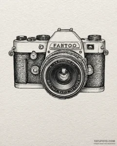 A close-up of a vintage camera lens., ink ill... - эскиз тату (№1753038419_0, 20.07.2025 19:06) — Tatufoto.com