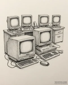 A 1980s office with bulky crt monitors, beige... - эскиз тату (№1753039079_0, 20.07.2025 19:17) — Tatufoto.com