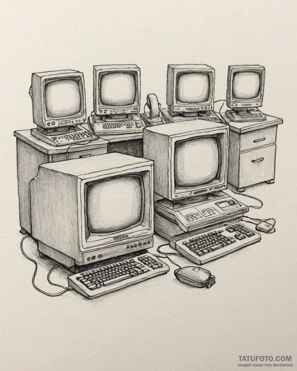 A 1980s office with bulky crt monitors, beige... - эскиз тату (№1753039079_0, 20.07.2025 19:17) — Tatufoto.com